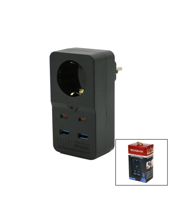 TERMAL AKIM KORUMALI  1XPRİZ 2X USB 2X TYPE-C DUVAR TİPİ PRİZ SİYAH 10A - 2500W (5047)