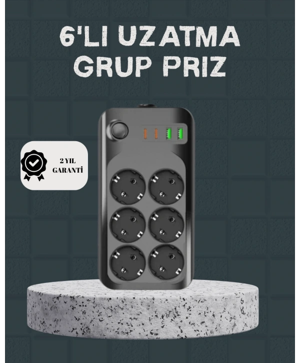 Termal Akım Korumalı 6’lı Uzatma Priz USB Type-C Hızlı Şarj 2500W