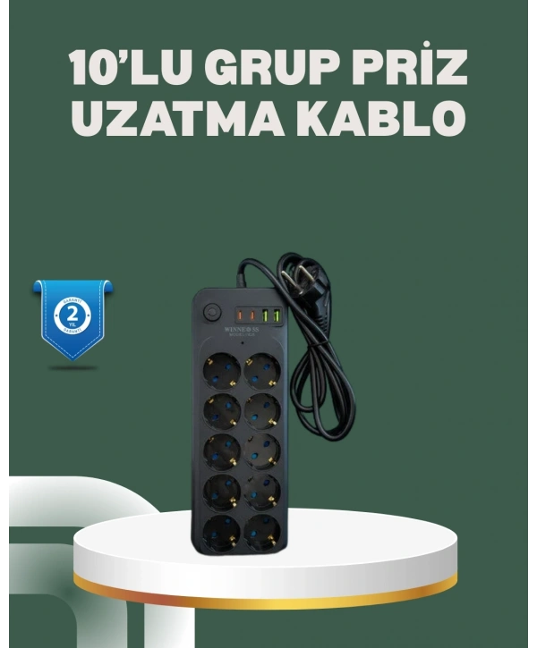 Termal Koruma Sistemli USB Type-C 10’lu Grup Priz 2m 2500W Güç Kapasiteli