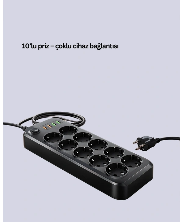 Termal Koruma Sistemli USB Type-C 10’lu Grup Priz 2m 2500W Güç Kapasiteli