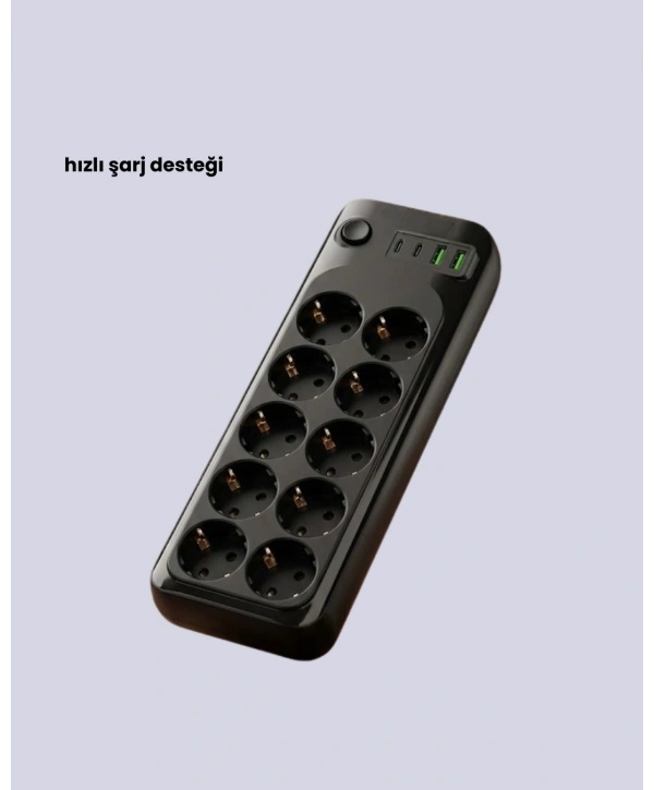 Termal Koruma Sistemli USB Type-C 10’lu Grup Priz 2m 2500W Güç Kapasiteli