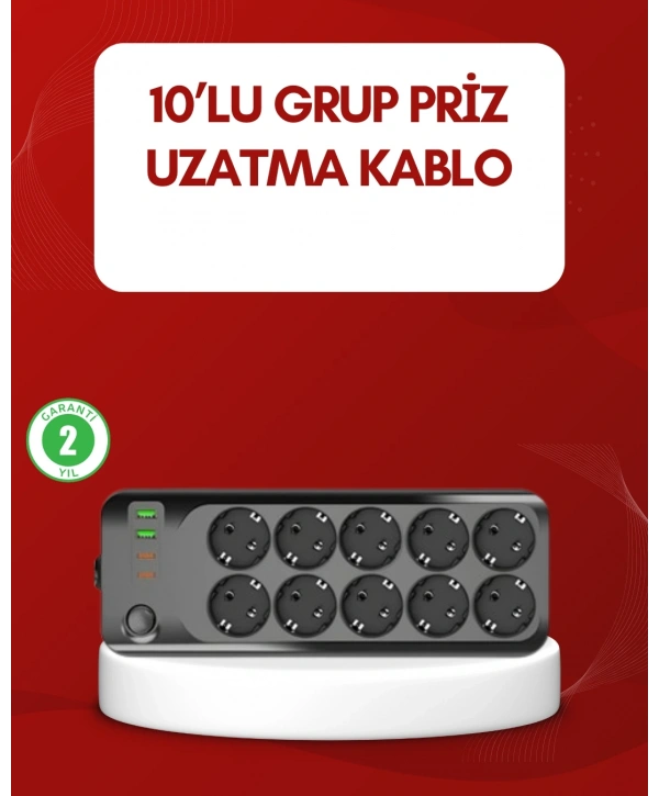 USB Type-C Destekli 10’lu Grup Priz Termal Korumalı 2m Kablo 2500W