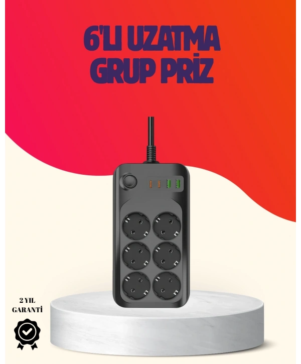 USB Type-C Destekli Termal Korumalı 6’lı Uzatma Priz 10A 2m