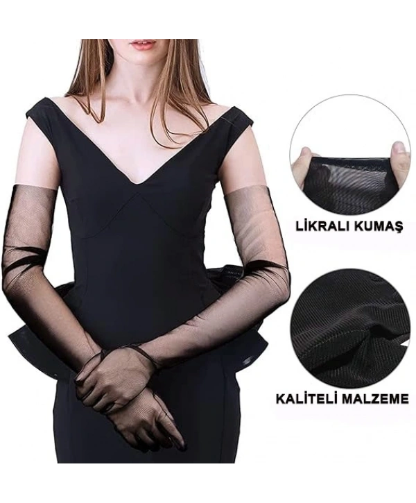 Uzun Boy Likralı Siyah Renk Yetişkin Mega Tül Eldiven 53 cm (5047)