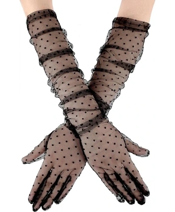 Uzun Boy Siyah Puantiyeli Siyah Renk Yetişkin Tül Eldiven 55 cm (5047)