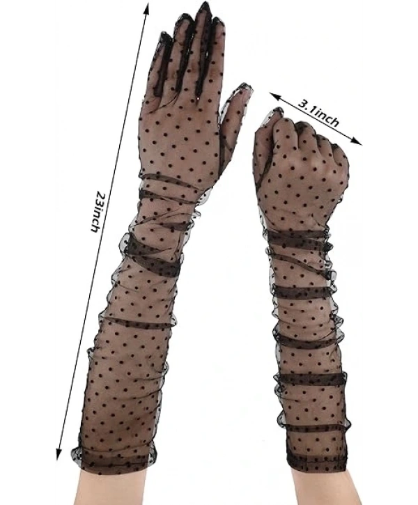Uzun Boy Siyah Puantiyeli Siyah Renk Yetişkin Tül Eldiven 55 cm (5047)