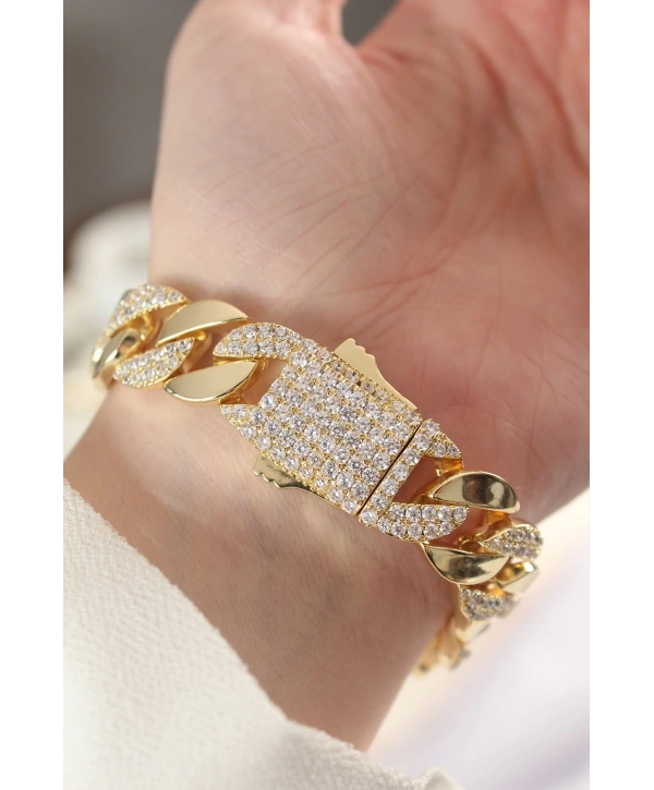 Vip Seri Pirinç Zirkon Taşlı Gold Renk Gurmet Bileklik
