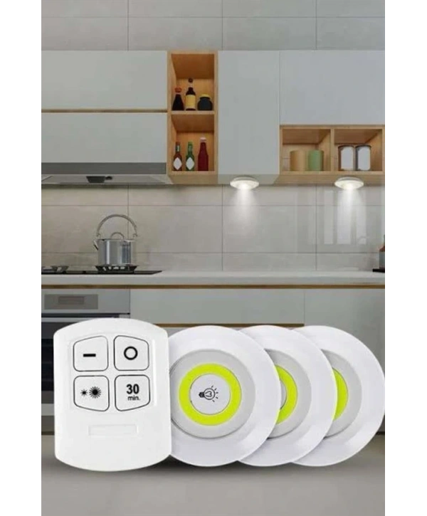 Yapışkanlı 3lü Spot Led Işık Lamba Montajsız Pilli Uzaktan Kumandalı