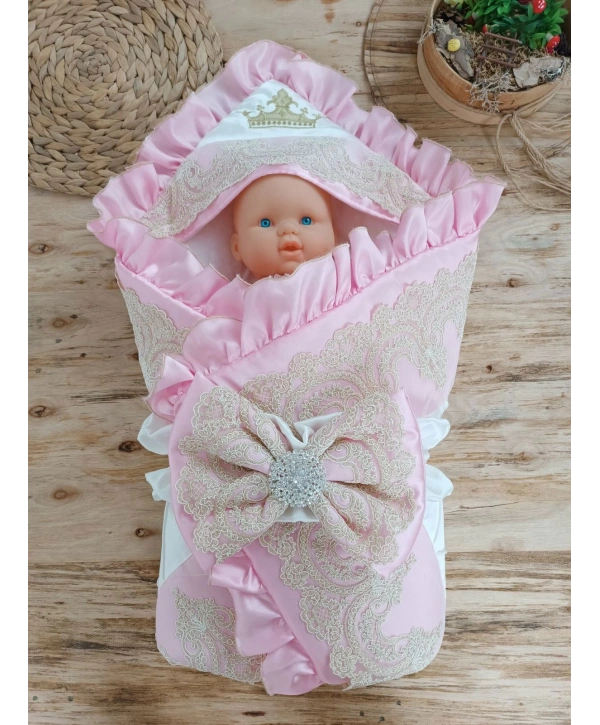 Yenidoğan Grand Lüks Kelebek Ağır Güpür İşlemeli Şapkalı Bebek Battaniyesi Kundak
