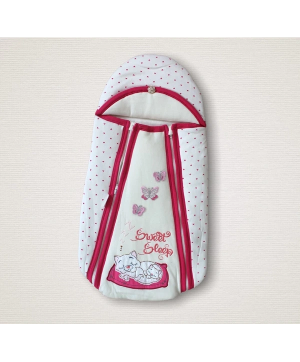 Yenidoğan Sevimli Uykucu Kedi Nakışlı Şapkalı Çift Fermuarlı Kız Bebek Kundak Bebek Battaniyesi
