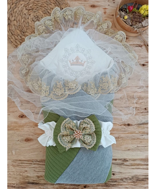 Yenidoğan Teri Cotton Taç Nakışlı Prizma Taş Kundak Bebek Battaniyesi