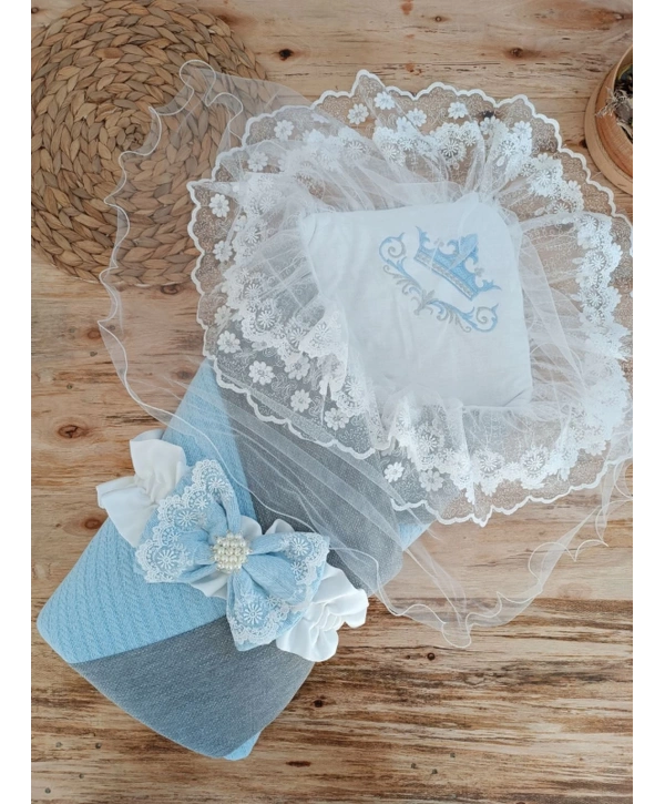Yenidoğan Teri Cotton Taç Nakışlı Prizma Taş Kundak Bebek Battaniyesi