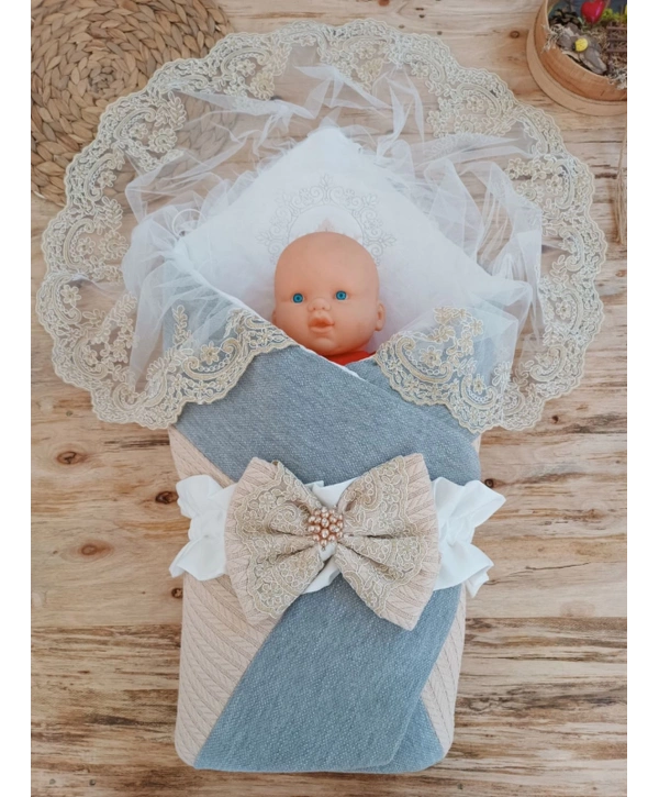 Yenidoğan Teri Cotton Taç Nakışlı Prizma Taş Kundak Bebek Battaniyesi
