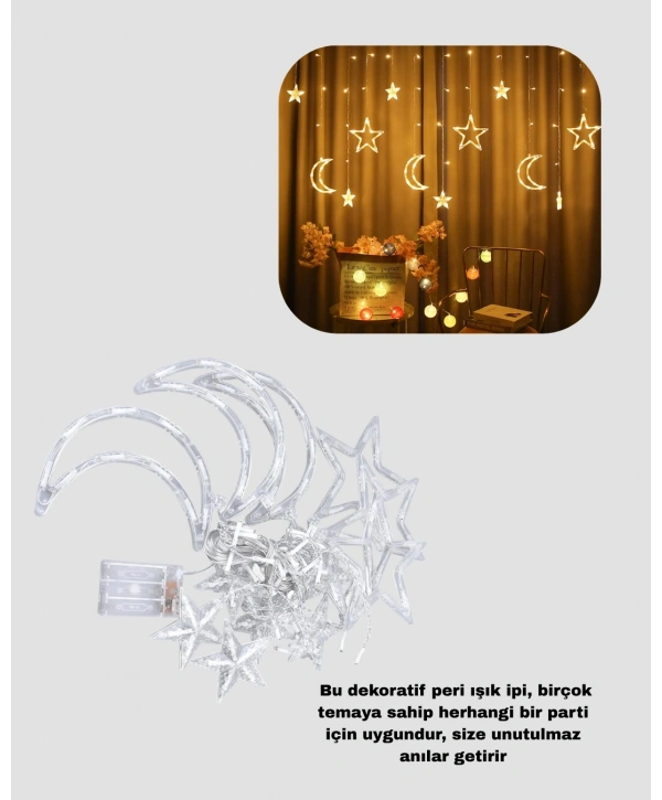Yıldız ve Ay Figürlü Pilli Perde Led Romantik Dekoratif Işık