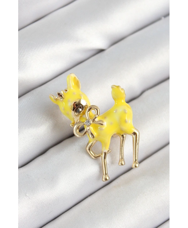 Zirkon Taşlı Fiyonk Detaylı 3D Sarı Ceylan Figürlü Gold Renk Kadın Broş