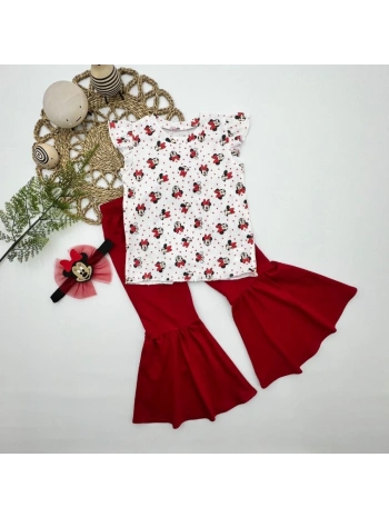 1-2-3-4 Yaş  Baskılı Bandanalı Tişört İspanyol Paçalı Likralı 3lü Kız Çocuk Takımı