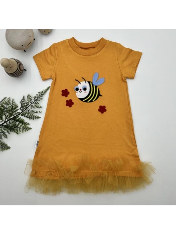 1-2-3 Yaş Arıcık Nakışlı Eteği Fırfırlı Jile Kız Çocuk Elbisesi