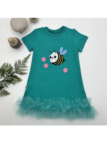 1-2-3 Yaş Arıcık Nakışlı Eteği Fırfırlı Jile Kız Çocuk Elbisesi