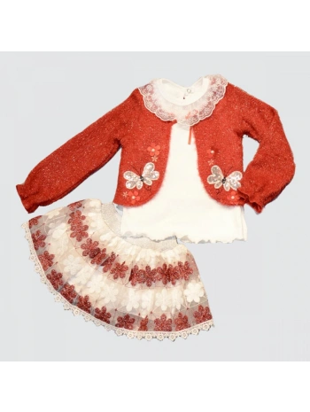 1-2-3 Yaş Brode Etekli Örme Hırkalı Uzun Kollu Sweat 3lü Kız Çocuk Takımı