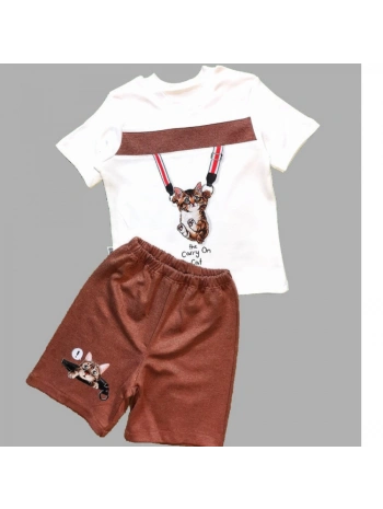 1-2-3 Yaş Fermuarlı Kedi Baskılı Şortlu Kısa Kollu Tişört 2li Erkek Bebek Takımı