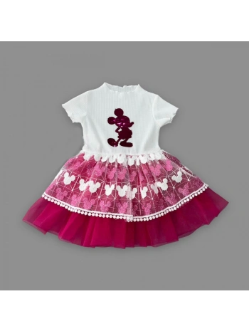 1-2-3 Yaş Payetli  Baskılı Brode Etekli Kız Bebek Elbisesi