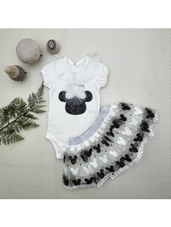 1-2-3 Yaş Payetli  Nakışlı  Kısa Kollu Brode Etekli 2li Kız Bebek Takımı