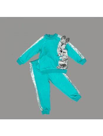 1-2-3 Yaş Payetli Pelüş Tavşan Desenli Likra Penye Kumaş Sweat Pantolonlu Kız 2li Çocuk Takımı