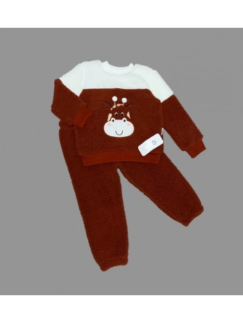 1-2-3 Yaş Ponponlu Zürafa Desenli Kuzu Kumaş Uzun Kollu 2li Kız Erkek Çocuk Takımı