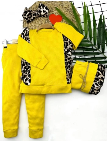 2-3-4-5 Yaş Bandanalı Leopar Baskılı Uzun Kollu 2li Kız Çocuk Takımı