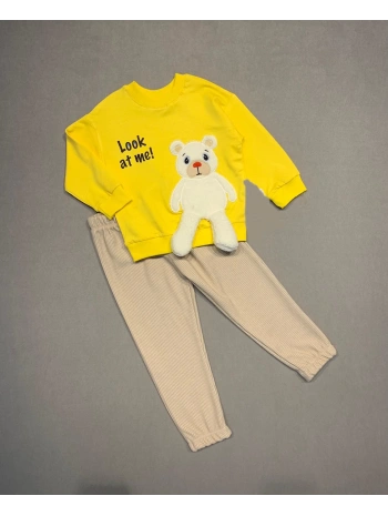 2-3-4 Yaş Ayıcık Sallanan Ayak Desenli Likra Penye Kumaş Sweat Pantolonlu Kız Erkek 2li Çocuk Takımı