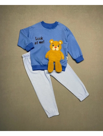 2-3-4 Yaş Ayıcık Sallanan Ayak Desenli Likra Penye Kumaş Sweat Pantolonlu Kız Erkek 2li Çocuk Takımı