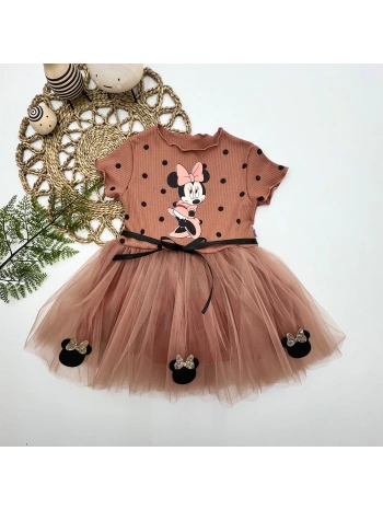 2-3-4 Yaş Puantiyeli  Baskılı Kurdela Kuşaklı Astarlı Kız Bebek Tütü Elbisesi