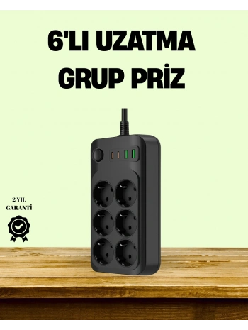2500W Güçlü 6’lı Priz USB ve Type-C Çıkışlı Termal Korumalı