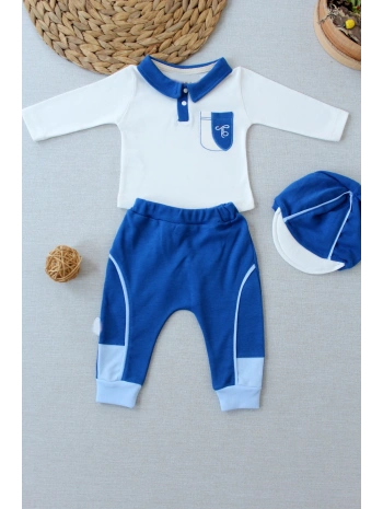 3-6 6-9 9-12 Ay Efendi Nakışlı Cep Şapkalı Uzun Kollu Sweat 3lü Erkek Bebek Takımı