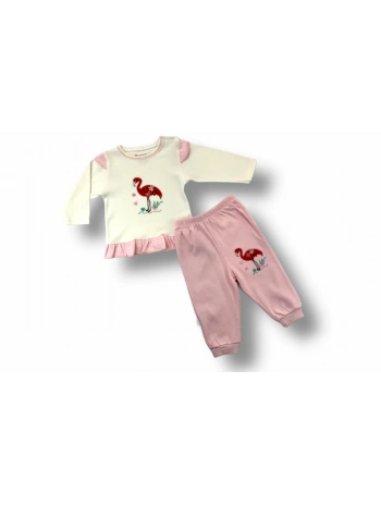 3-6 6-9 9-12 Ay Flamingo Nakışlı Uzun Kollu Sweatli 2li Kız Bebek Takımı