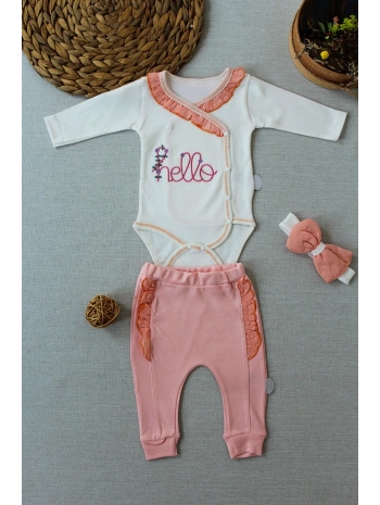 3-6 6-9 9-12 Ay Hello Nakışlı Kruvaze Bandanalı Uzun Kollu Zıbınlı 3lü Kız Bebek Takımı