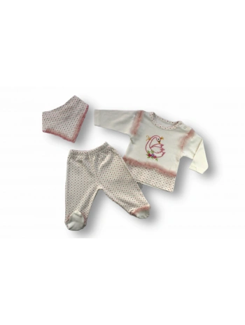 3-6 6-9 9-12 Ay Kraliçe Kuğu Nakışlı Bandajlı Uzun Kollu Sweatli 3lü Kız Bebek Takımı