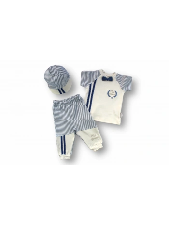 3-6 6-9 9-12 Ay My Prince Nakışlı Şapkalı Kısa Kollu Sweatli 3lü Erkek Bebek Takımı