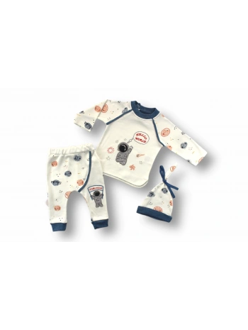 3-6 6-9 9-12 Ay Şirin Kozmonot Nakışlı Şapkalı Uzun Kollu Sweatli 3lü Kız-erkek Bebek Takımı