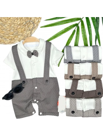 3-6-9-12 Ay Papyon Detaylı Piti Kare Baskılı Salopet Görünümlü Erkek Bebek Tulumu