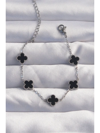 316L Çelik Baby Boy Gümüş Renk Siyah Mineli Yonca Bileklik