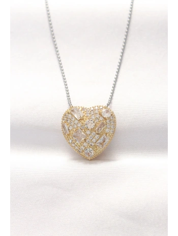 316L Çelik Çift Renk Zirkon Taşlı Kalp Kolye