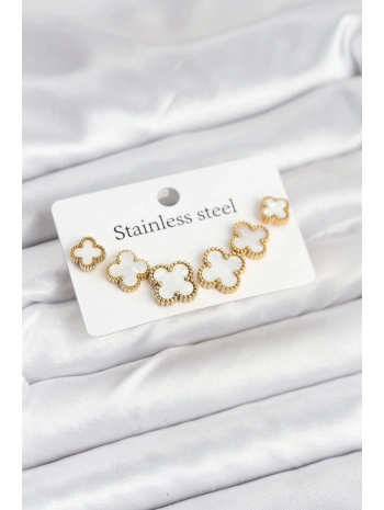 316L Çelik Gold Beyaz Renk 3 Boy Yonca Küpe Seti