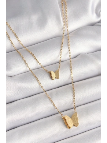 316L Çelik Gold Renk 2Li Simli Kelebek Model Kadın Kolye