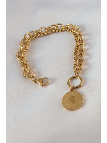 316L Çelik Gold Renk 2li Zincir Model Çeyrek Altınlı Kadın Bileklik