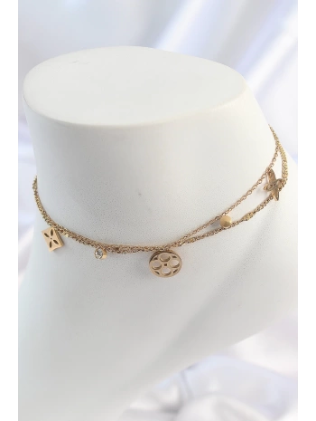 316L Çelik Gold Renk 2Li Zincir Rüya Kapnı Figür Zirkon Taş Detay Kadın Halhal - TJ-HH1651