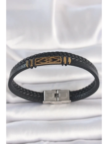 316L Çelik Gold Renk Aksesuarlı Çift Sıra Siyah Burgu Desenli Deri Kordon Erkek Bileklik