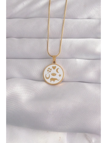 316L Çelik Gold Renk Beyaz Mineli Karışık Figürlü Tarot Kolye