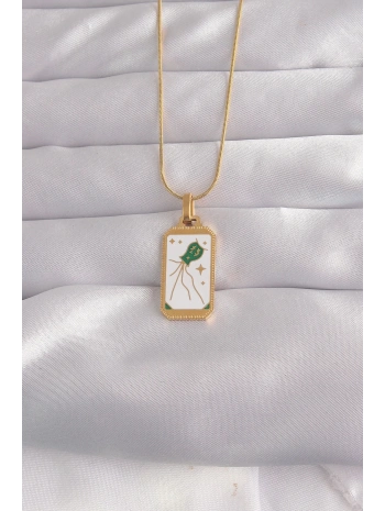 316L Çelik Gold Renk Beyaz Mineli Tarot Kolye