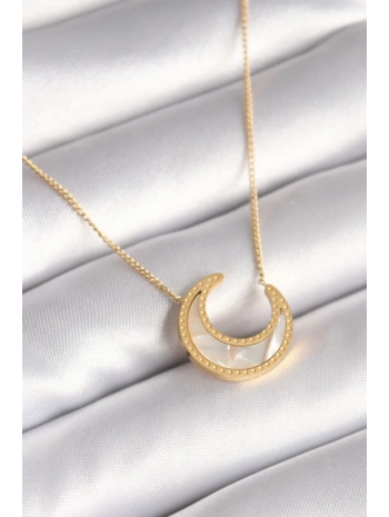 316L Çelik Gold Renk Beyaz Sedefli Hilal Model Kadın Kolye
